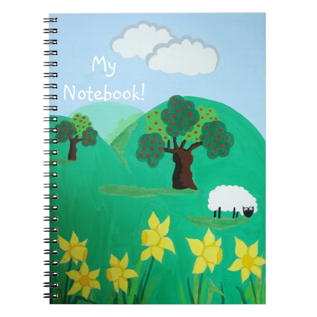 fun scenic illustration of cute sheep notebook (Front)