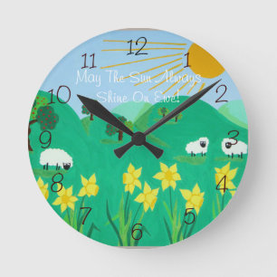 fun scenic illustration of cute sheep round clock