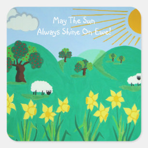 fun scenic illustration of cute sheep square sticker