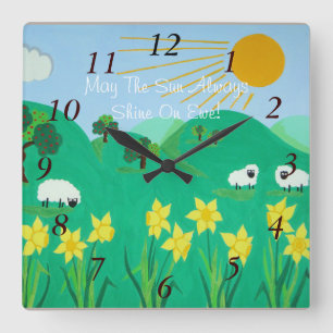 fun scenic illustration of cute sheep square wall clock