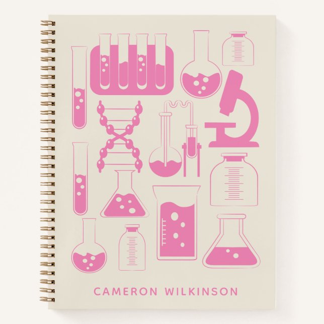 Fun Science Chemistry Laboratory Custom Pink Name Notebook (Front)