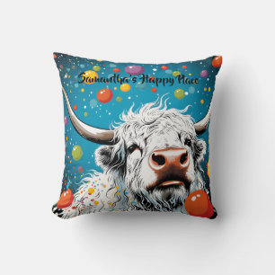 Fun Scottish Highland Cow with Bubbles. Editable Cushion