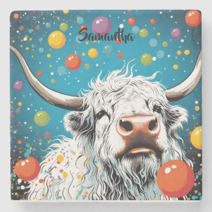 Fun Scottish Highland Cow with Bubbles. Editable Stone Coaster