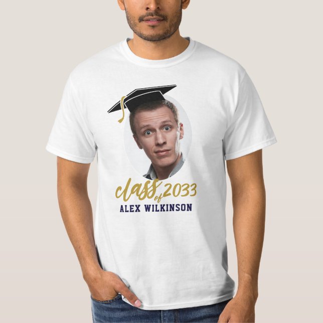 Fun Script Grad Cap Minimalist Photo Graduation T-Shirt (Front)