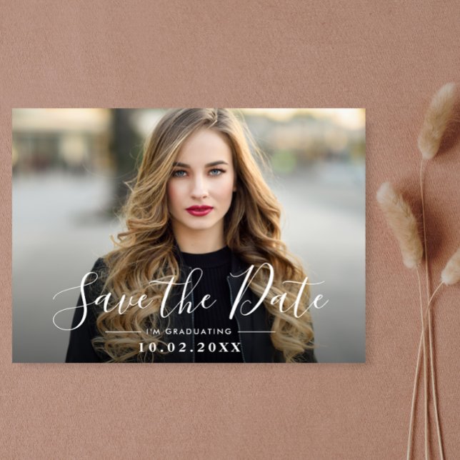 Fun script graduation save the date photo postcard (Creator Uploaded)
