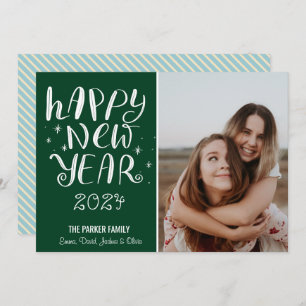 Fun Script Happy New Year Photo Cute Green Stripe Holiday Card