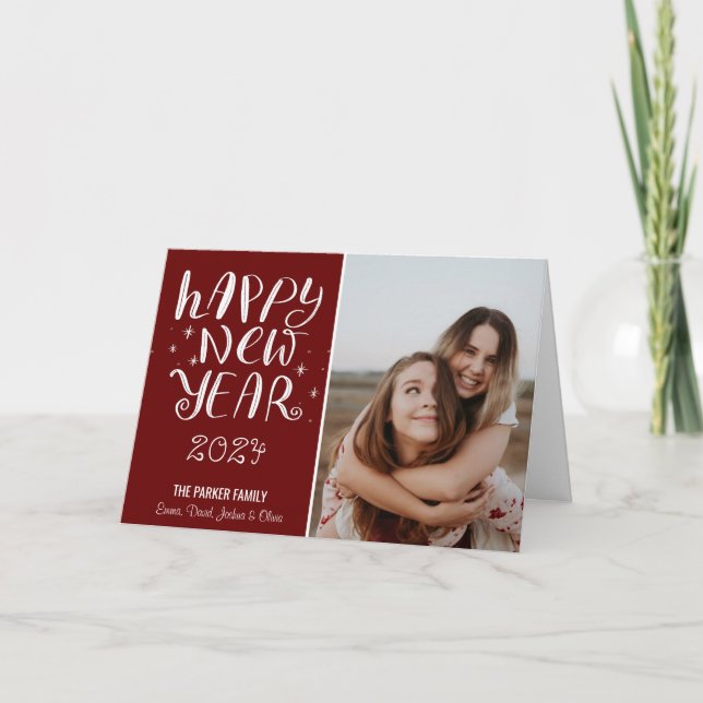 Fun Script Happy New Year Photo Cute Red Stripe Holiday Card (Front)