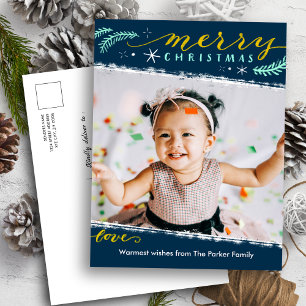 Fun Script Merry Christmas on Green Simple Photo Holiday Postcard