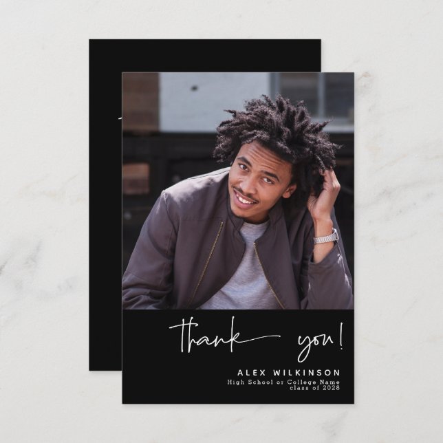 Fun Script Modern Simple Photo Graduation Thank You Card (Front/Back)