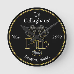 Fun Script Text Pub w Beers Wall Clock
