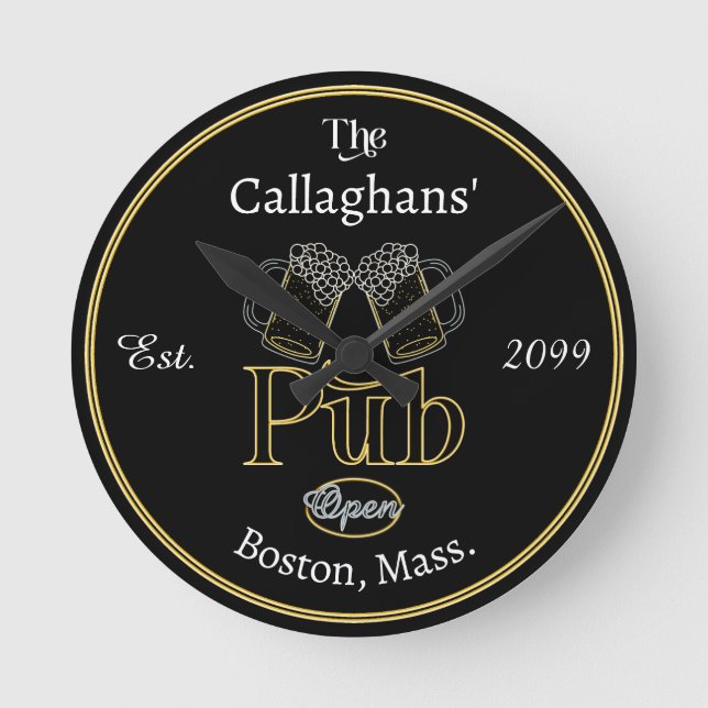 Fun Script Text Pub w Beers Wall Clock (Front)