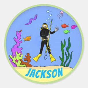 Fun scuba diver cartoon with fish sticker