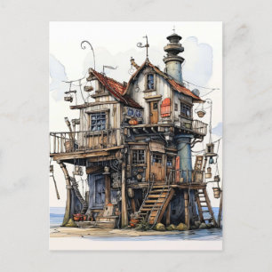 Fun Seaside Shack Art Postcard