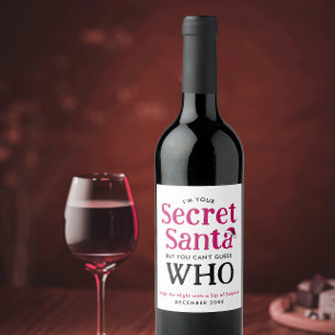 Fun Secret Santa Red And White Hat Modern Script Wine Label