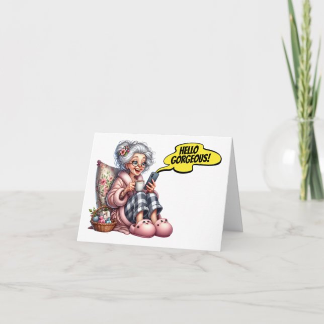 Fun Senior With Coffee and Cell Phone Note Card (Front)