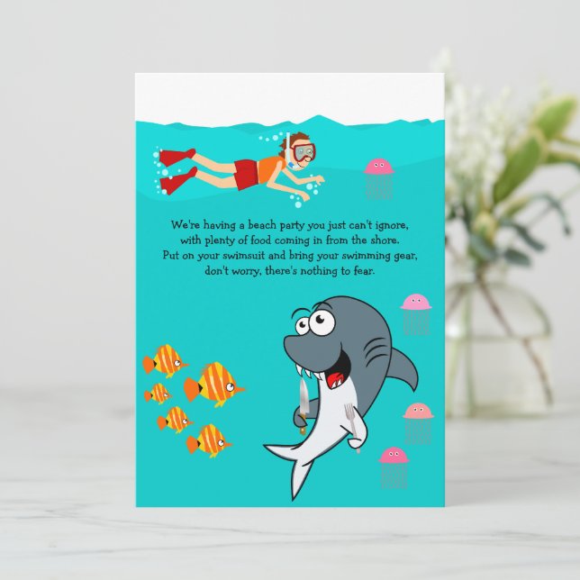 Fun Shark Beach Party Birthday Invitation (Standing Front)