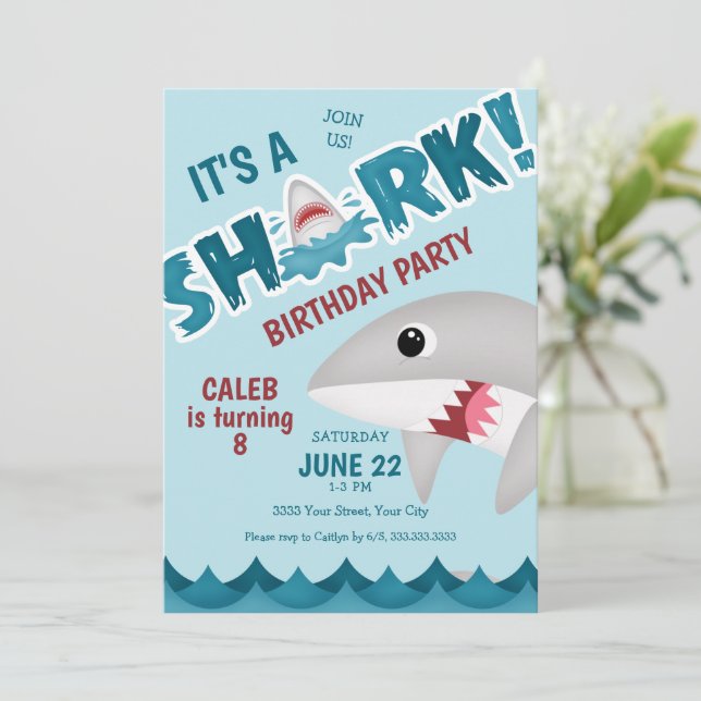 Fun Shark Birthday Party Invitation (Standing Front)