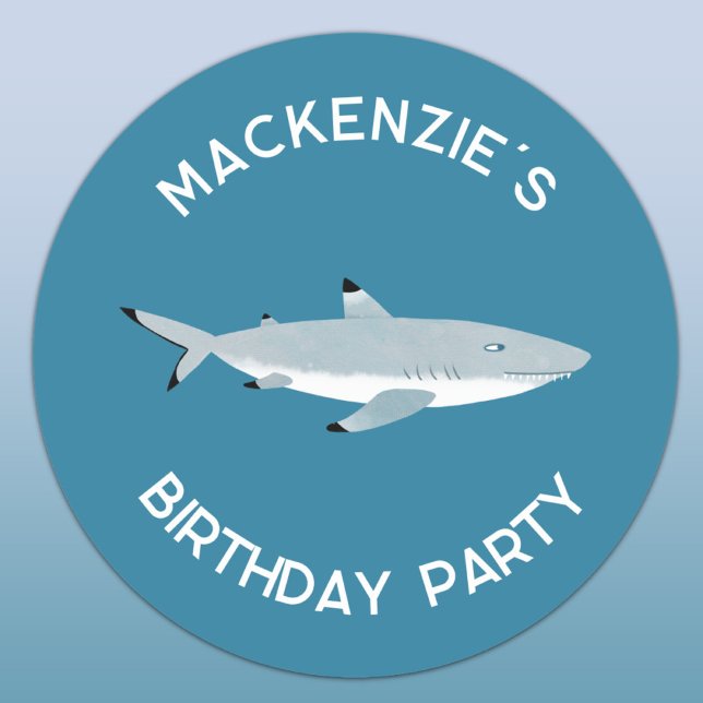 Fun Shark Underwater Birthday Party Classic Round Sticker (Fun shark underwater themed personalized name birthday party sticker)
