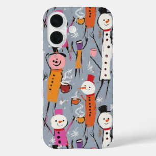 Fun Silly Snowmen Drinking Hot Cocoa iPhone 16 Case