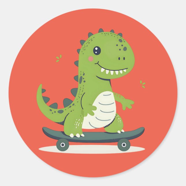Fun Skateboarding Dinosaur Classic Round Sticker (Front)