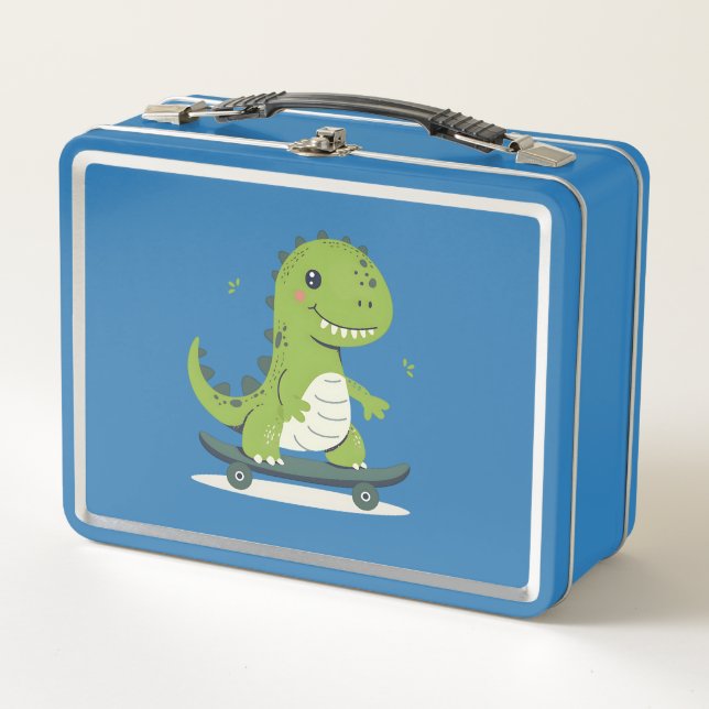 Fun Skateboarding Dinosaur Metal Lunch Box (Front)