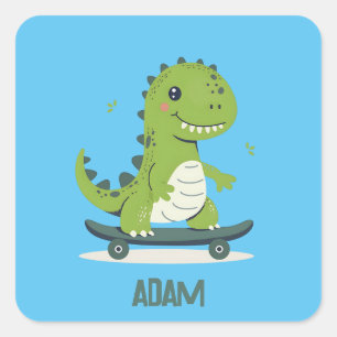 Fun Skateboarding Dinosaur With Kids Name Square Sticker