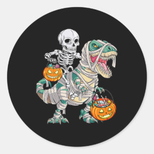 Fun Skeleton Riding Mummy Dinosaur T rex Halloween Classic Round Sticker
