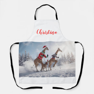 Fun Skiing Giraffe Family Christmas Personalised Apron