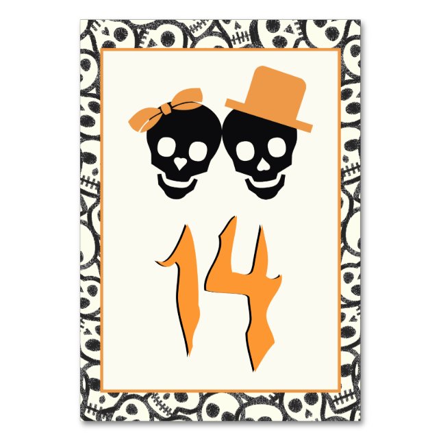 Fun skulls Halloween orange wedding table number (Front)