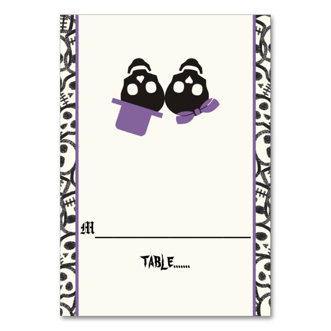 Fun skulls Halloween purple wedding escort card (Front)