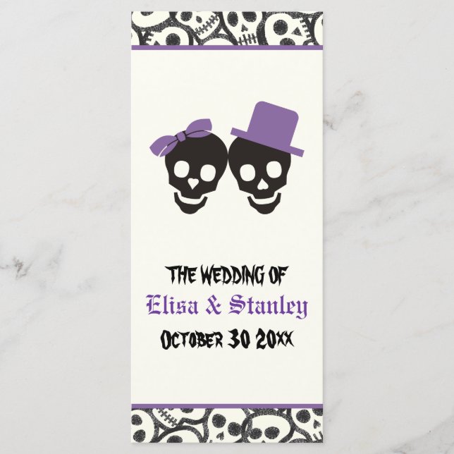 Fun skulls Halloween purple wedding program (Front)