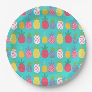 Fun Sky Blue Colourful Pineapple pattern  Paper Plate