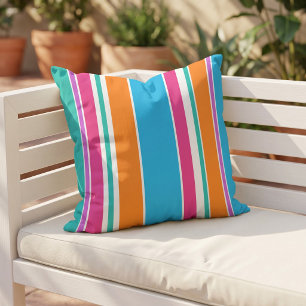 Fun Sky Blue Hot Pink Orange White Stripes Cushion