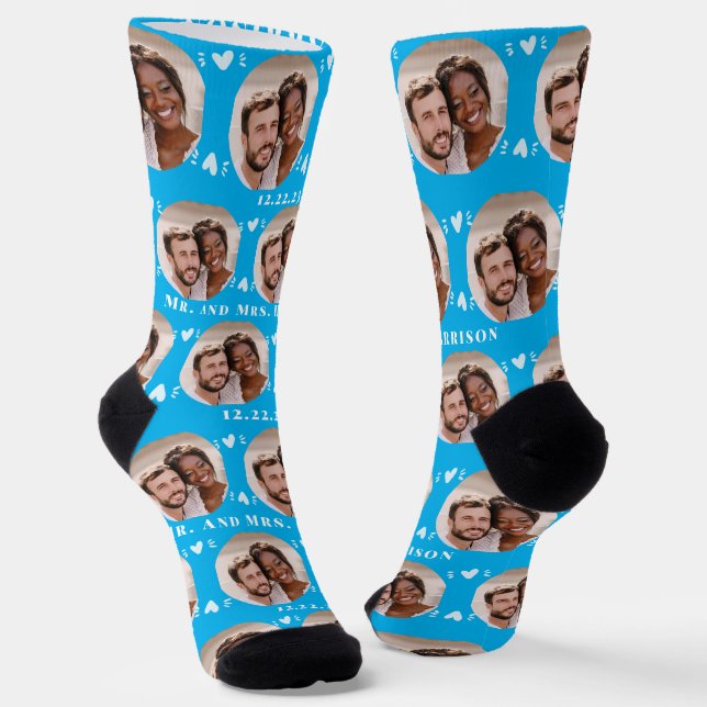 Fun Sky Blue Newlyweds Photo Pattern Socks (Angled)