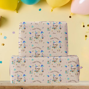 Fun Sloth Birthday Party Blue Theme Kids Wrapping Paper
