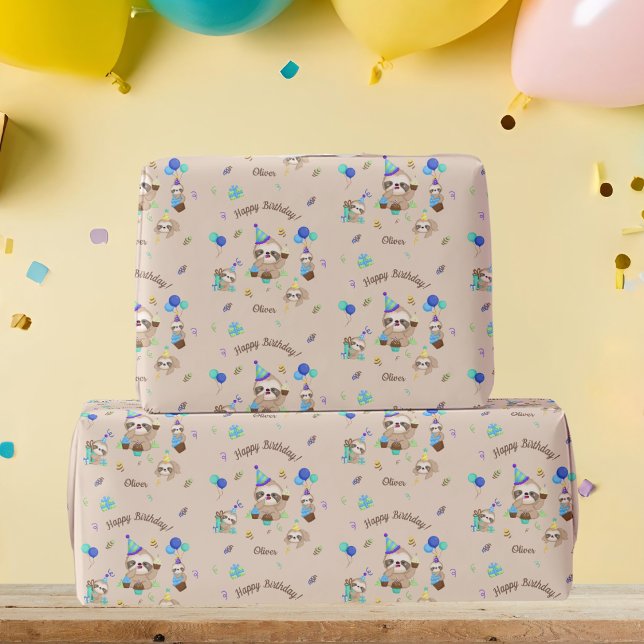 Fun Sloth Birthday Party Blue Theme Kids Wrapping Paper (Creator Uploaded)