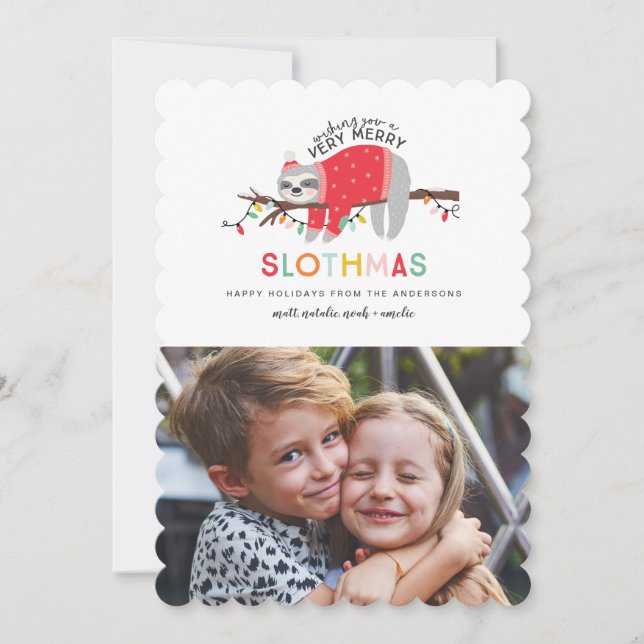 fun sloth colourful christmas photo holiday card (Front)