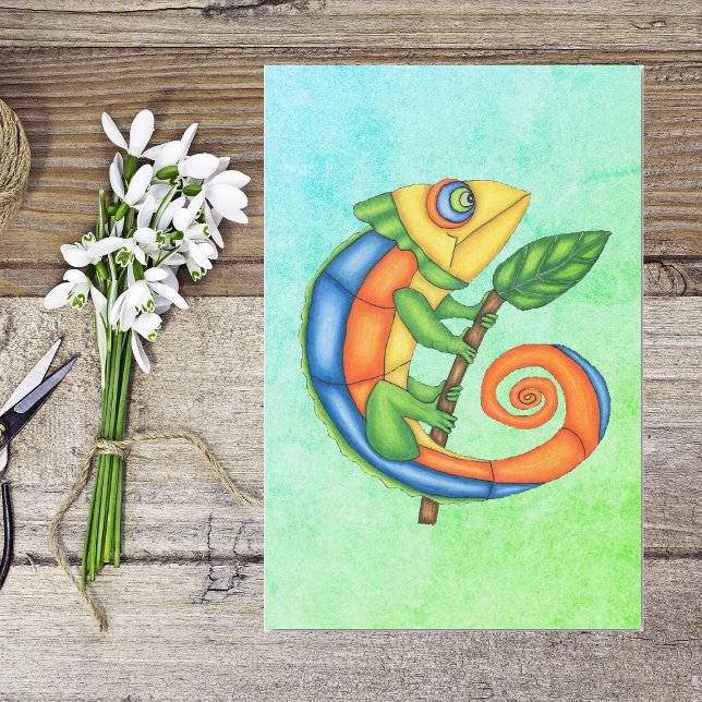 Fun Smiling Lizard Bright Colours Leaf Blue Green Tissue Paper (Fantasy lizard holding stick with leaf in vibrant colours on blue green mix tissue paper.)