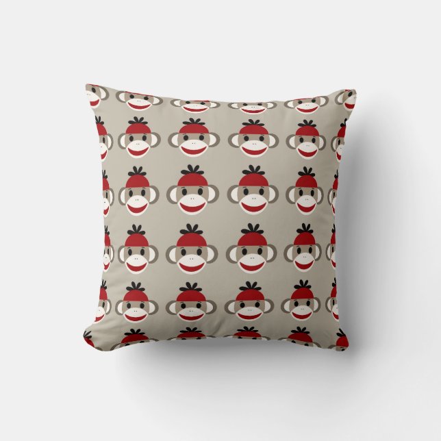 Fun Smiling Red Sock Monkey Happy Patterns Cushion (Front)