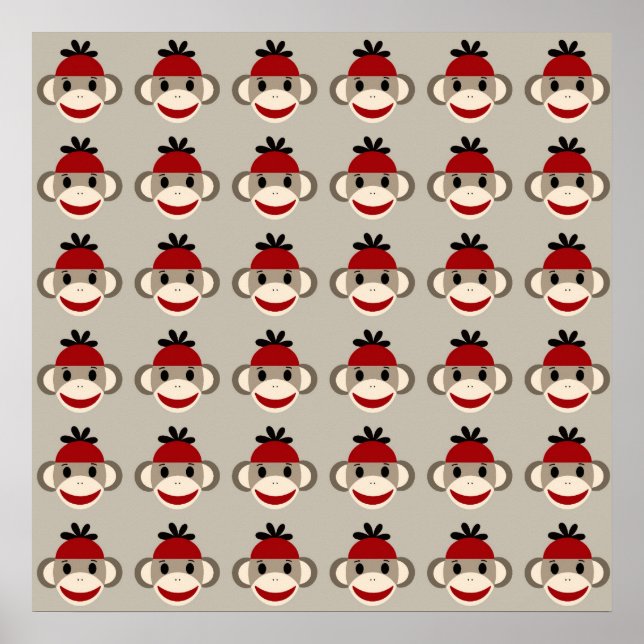 Fun Smiling Red Sock Monkey Happy Patterns Poster (Front)