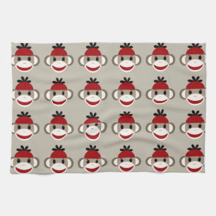 Fun Smiling Red Sock Monkey Happy Patterns Tea Towel