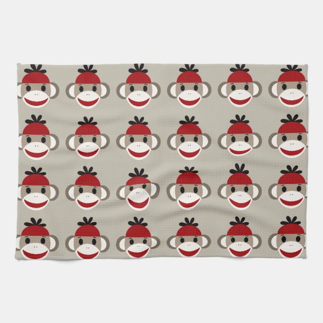 Fun Smiling Red Sock Monkey Happy Patterns Tea Towel (Horizontal)