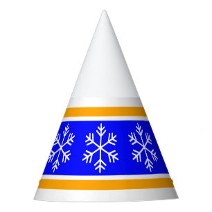 Fun Snowflakes Bright Blue Yellow White Stripes Party Hat