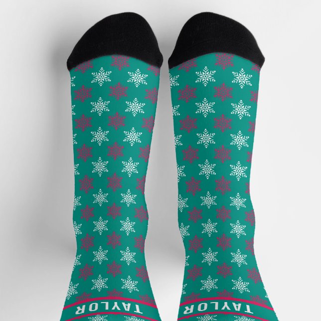 Fun Snowflakes Pattern Custom Name Red White Green Socks (Top)