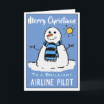 Fun Snowman Christmas Card for an Airline Pilot<br><div class="desc">Fun snowman cartoon on a festive Christmas card. Christmas card for an Airline Pilot. This Christmas card, designed specifically for airline pilots, features a delightful illustration of a snowman on the front, exuding a joyful and festive vibe. The purchaser has the freedom to personalise the wording, making it truly unique...</div>