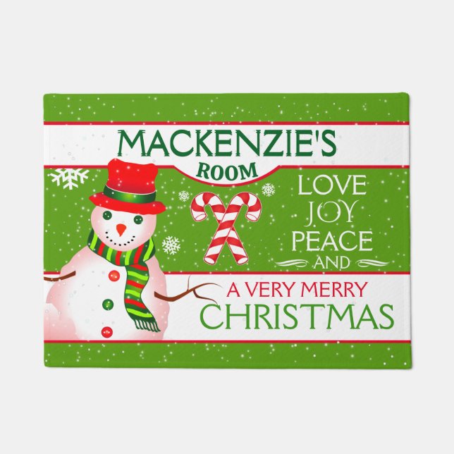 FUN Snowman for CHILD'S ROOM | GREEN Christmas Doormat (Front)