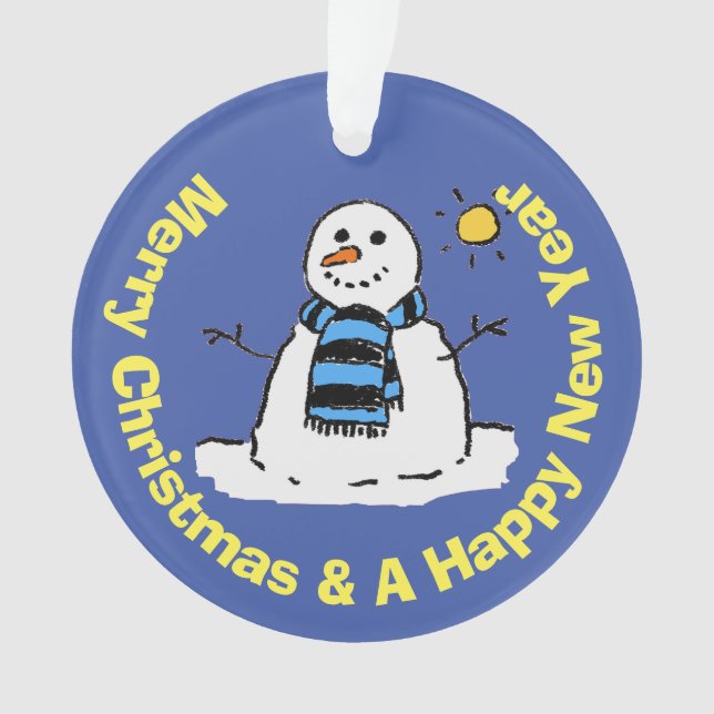 Fun Snowman in a Frosty Winter Scene. Ornament (Front)