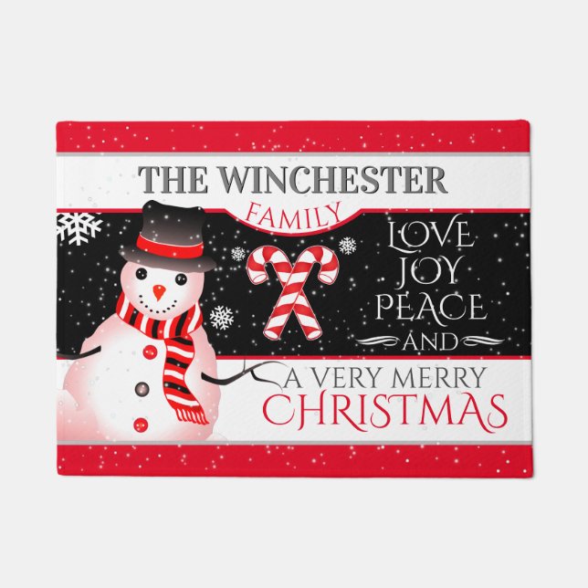 FUN Snowman in Black Hat and Scarf | BLK Christmas Doormat (Front)