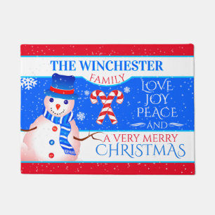 FUN Snowman in Blue Hat and Scarf   BLUE Christmas Doormat