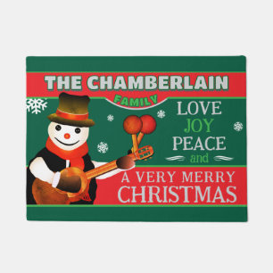 FUN Snowman in Hat and Scarf Dark GREEN Christmas Doormat